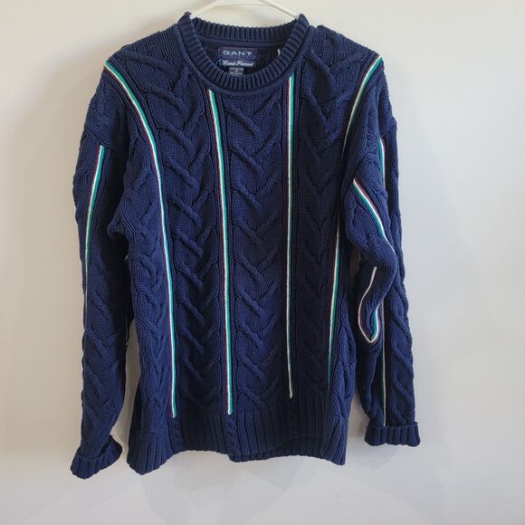 Vintage Gant Mens Sweater Size Medium Hand Framed Cable Knit Striped - Picture 1 of 6